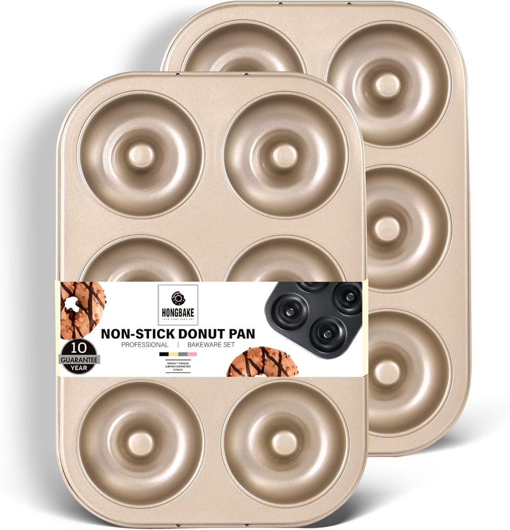 HONGBAKE Nonstick Donut Pans For Baking, 2-Pack 6 Cavity Upgraded Deepened Doughnut Tray, Heavy Duty Mini Bagel Mold for Oven - Bronze Gold