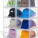 Attelite Upgrade Harder Solid Plastic Hat Organizer for Baseball Caps, 8 Pack Stackable Hat Storage Box with Clear Magnetic Door, Hat Rack(XL-Clear)