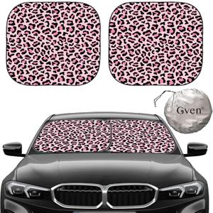Gven Windshield Sun Shade 2pcs with Bonus Pink Car Sunshade for Front Window Shades 2025 Technology Reflect UV and Heat Sun Visor Automotive Accessories Interior Sun Protection (Pink Leopard, M)