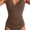 Women's One Piece Swimsuit Tummy Control Plung V-Neck Bathing Suit Wide Straps Swim Suit Wrap Swimwear (XL)
