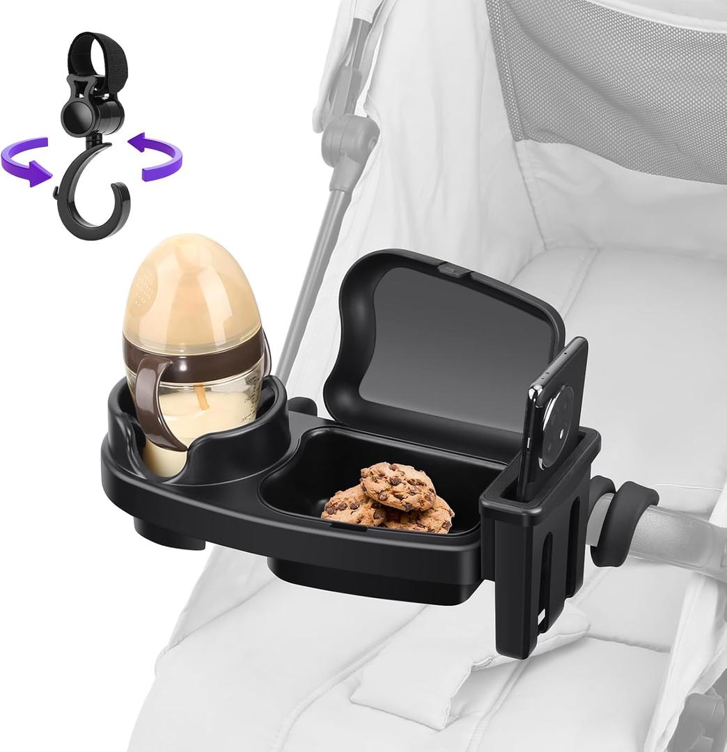 Universal Stroller Snack Tray, 3 in 1 Stroller Cup Holder with Phone Holder and Silicone Flexible Arms Grip, Stroller Tray Attachment Compatible with Uppababy, Baby Jogger, Britax (Snack Tray)
