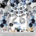26th Birthday Decorations, Dusty Blue 26 Birthday Decorations for Men Women, Blue Sliver Black Birthday Party Decor with Happy Birthday Banner, Number Balloons, Foil Balloons, Swirl