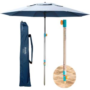 Handy Beach Umbrella & Anchor System, Large 7ft Silver Coated UPF 55 Canopy, 10 Second Installation, Wind Resistant, Durable, Lightweight, Comfortable Dual Pocket Bag Included