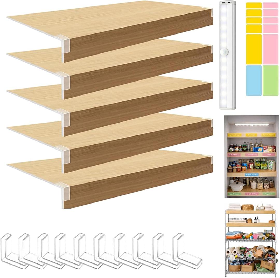 5 PCS Wire Rack Covers 2416in, Wood Grain PVC Shelf Covers with LED Motion Light &Labels, Renter Friendly, Easy-Cut Moisture-Resistant No-Tool, No-Drill Install for Pantry, Laundry, Kitchen, Garage