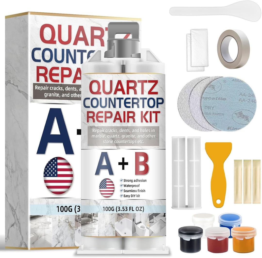 Quartz Countertop Repair Kit, Marble Repair Kit, Strong Bond, Seamless Finish for Granite Repair, Ideal for Mable, Porcelain, Tile, Sink Crack, Chip Scratch, Hole, 100g