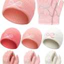 Pink Beanie Hat and Glove Set for Women Coquette Bow Beanie Bulk Y2k Winter Accessories (Multicolor)