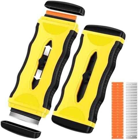 DEKEones Razor Blade Scraper, 2 Pack 2-in-1 Scraper Tool with 5Pcs Plastic Blades and 5 Pcs Metal Blades, Multifunctional Cleaning Razor Scraper for Stickers, Decals, Cooktop, Oven（Yellow）2 Pack