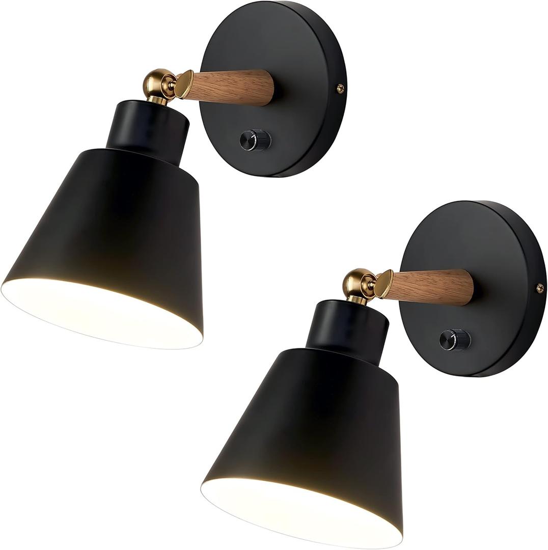 ClanKin Wall Sconces Lighting Fixture Set of 2, Bedside Wall Mounted Reading Lamp with On-Off Switch for Industrial Bedroom, Bathroom Hallway Living Room(2Pack-Black with Swtich)