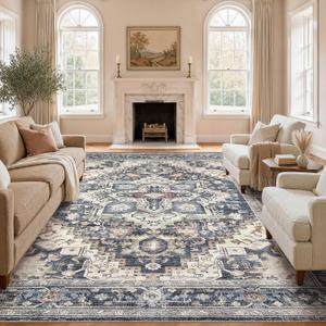 Washable Rug 9x12 Area Rugs: Boho Vintage Distressed Oriental Medallion Neutral Thin Large Rug Carpet for Living Room Bedroom Dining Room Home Office Decor - Blue