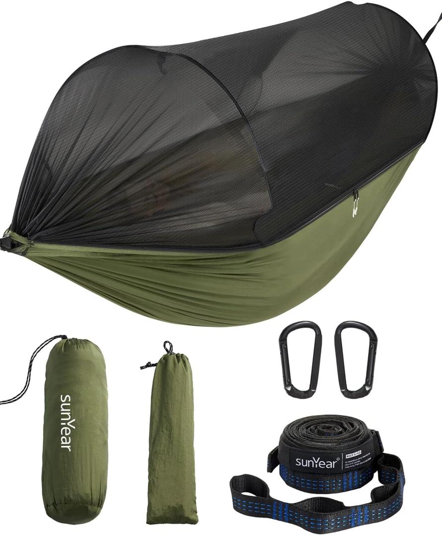 Sunyear Camping Hammock with Net - Double&Single Hammock with House-Like Net- Easy Setup & Pack, Lightweight & Portable, Perfect for Hiking, Backpacking, Outdoor Sleeping (106"L x 55"W, Green)