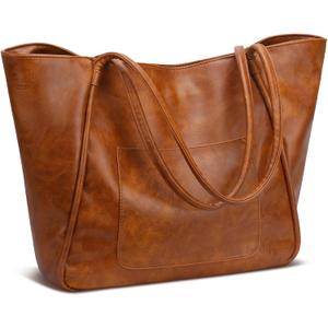KKXIU Large Tote Bag for Women with Zipper Work Leather Travel Purse and Handbags (Brown)