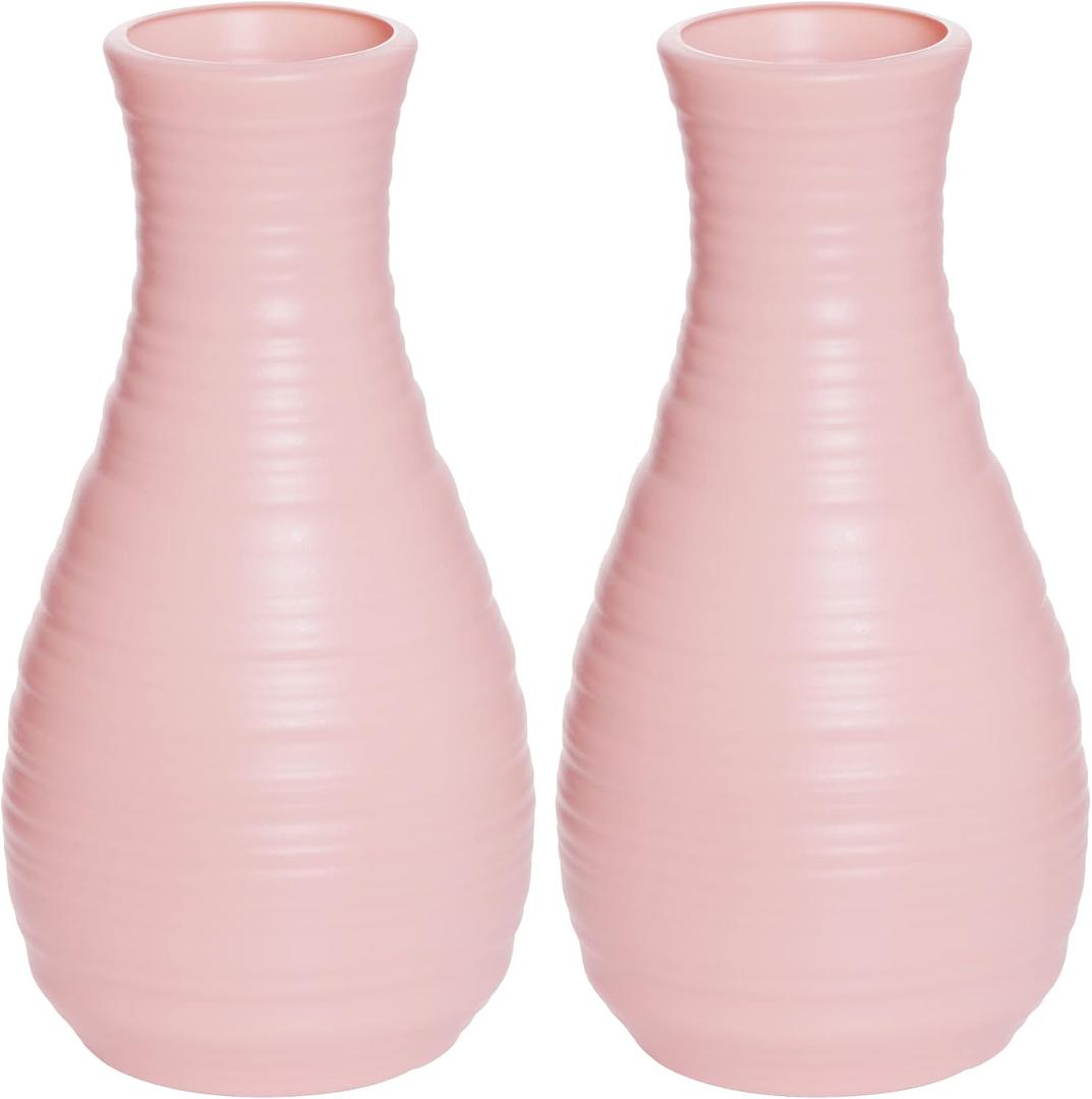 2 Pack Composite Plastics Flower Vase, Unbreakable Ceramic Look Vase for Home Decor Centerpieces, Arranging Bouquets (Pink)