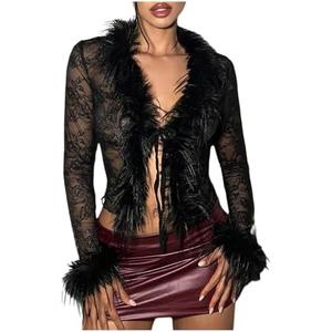 MakeMeChic Women's Faux Fur Fuzzy Long Sleeve Top Mesh Lace Open Front Y2K Tee Shirts, Size S