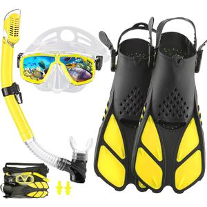 Snorkeling Gear for Adults with Fins Scuba Diving Gear Adult Professional Travel Snorkel Sets with Flippers,Anti-Fog Anti-Leak Diving Mask (US Men 4-8.5 | US Lady 6-9.5, Yellow)