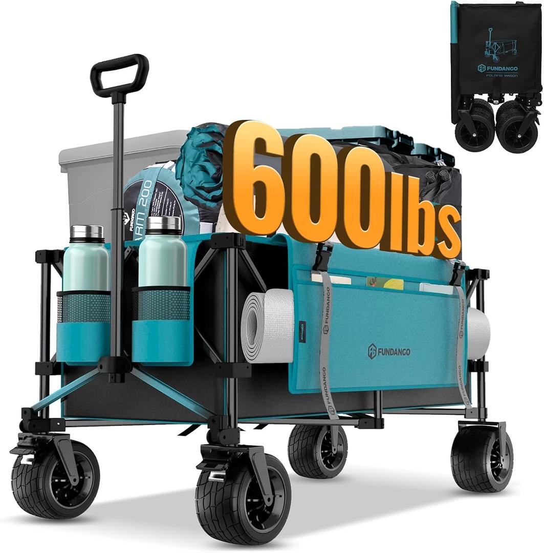 FUNDANGO 600lbs Collapsible Wagon, Foldable Beach Wagons Heavy Duty Garden Cart with Brakes, Side Pockets & All-Terrain Big Wheels for Sports Camping Shopping Groceries, Black/Blue