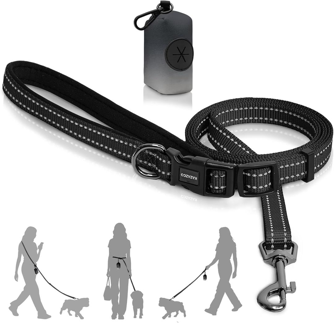 Kazazoo Hands-Free Dog Leash with Poop Bag Holder, Adjustable 4-7 Ft Waist for Dog Walking, Running for Small & Medium Dogs with Reflective Strips, Nylon Waist Belt, Black