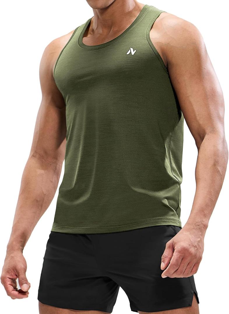 Nepest Mens Sleeveless Workout Running Tank Top Dry Fit Athletic Gym Sport Beach Muscle Bodybuilding Shirts (Large, Heather Army Green)
