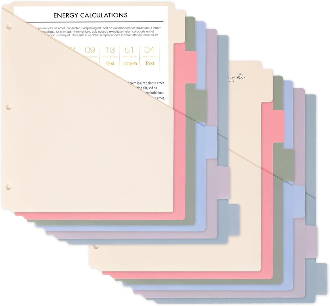 H4D 6-Tab Dividers for 3 Ring Binder, Plastic Dividers with Two Pockets, Letter Size, Pastel Colors, 2 Set