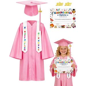 Kindergarten Graduation Cap and Gown 2026 Kids Set Preschool Unisex Grad Attire for Little Ones Tassel Certificate Toddler (Pink) 30"