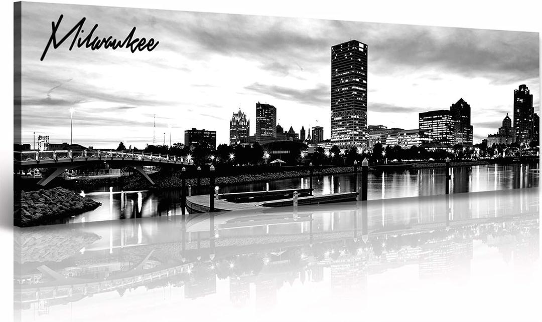 DJSYLIFE Milwaukee Skyline Wall Art Black and White Stretched Canvas Wall Art Prints for Bedroom or Office Decoration Ready to Hang 13.8" x 47.3" (47.3L" x 13.8W")