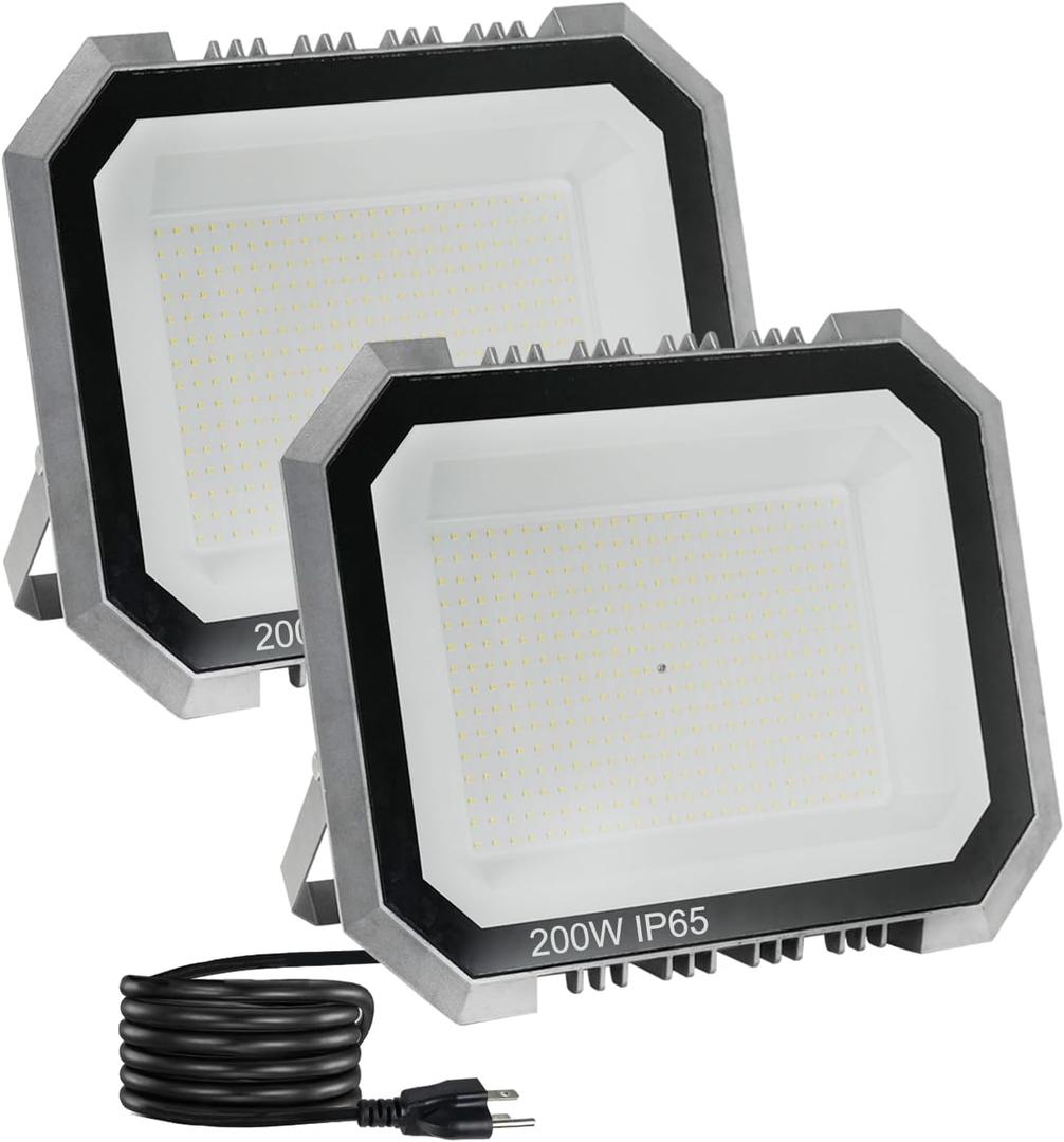 Leddictive 2 Pack LED Flood Lights Outdoor, 200W 20000LM Super Bright Floodlight Outside Work Light with 5.9FT Plug, IP65 Waterproof 6000K Outdoor LED Flood Light for Garage, Yard, Lawn, Garden