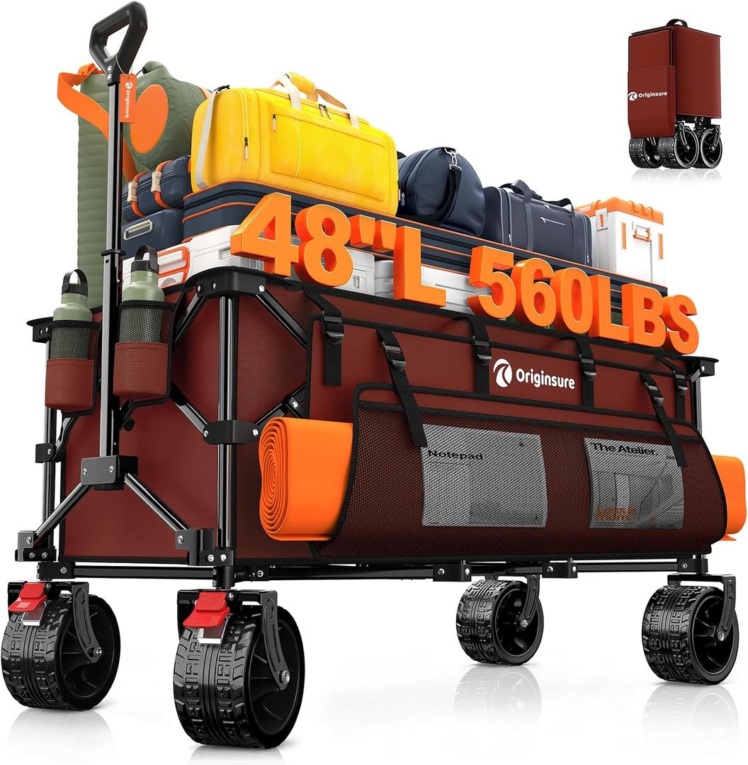 Originsure 48" L Collapsible Wagon Cart Foldable, 560lbs Weight Capacity 300L Heavy Duty Folding Beach Wagons with Big All-Terrain Wheels, Utility Carts for Groceries, Shopping, Camping, Sports-red