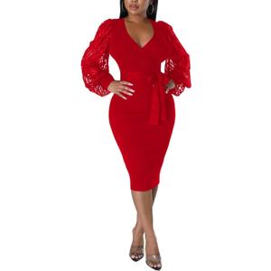 BOGURST Semi Formal Church Dresses for Women Bishop Sleeve Sexy V Neck Bodycon Midi Dresses, XL