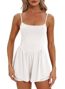 Women's Summer Casual Sleeveless Rompers Fitted Spaghetti Strap Shorts Overalls Jumpsuit 6110 White XL