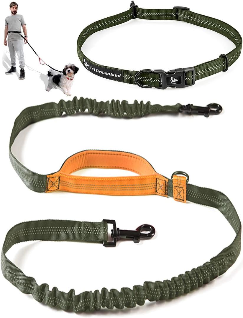 Exquisite Hands-Free Leash for Medium Dogs: Perfect for Active Pet Owners Comfortable, Durable & Ideal for Running, Walking, Hiking. Premium Dog Waist Leash with Bungee. Must-Have Dog Gear (Khaki & Orange)