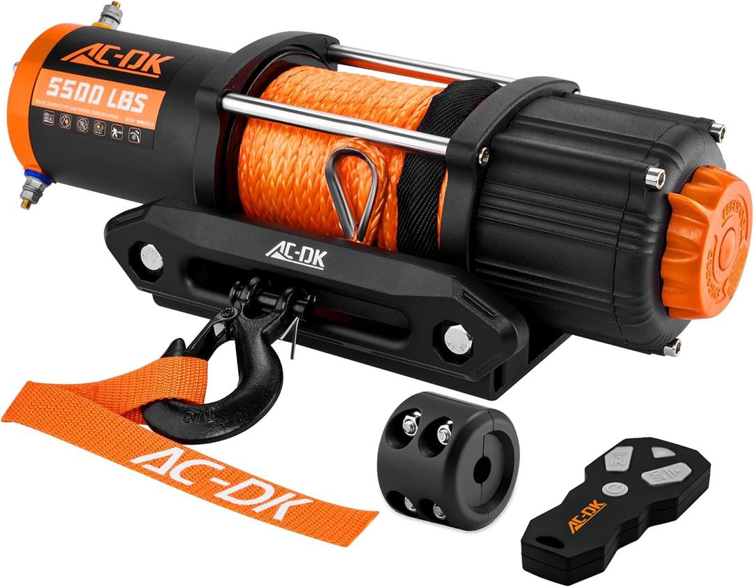 AC-DK 5500 lb ATV/UTV Winch Synthetic Rope Kits, 12V Winch with Wireless Remote for Off Road Trailer Boat RV Towing Winches, Waterproof Winch with Mounting Plate and Wired Remote