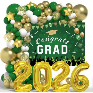Graduation Decorations Class Of 2026: Green and Gold 2026 Graduation Decorations Balloon Arch Kit Congrats Grad Backdrop 136PCS Party Supplies for High School & College Celebrations