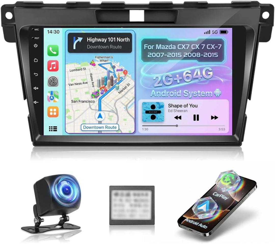 [2+64G] Android Stereo for Mazda CX7 CX 7 CX-7 2007-2015 - Wireless Apple CarPlay and Android Auto, 9 inch Touchscreen Mazda CX7 Radio - 5G,WiFi,GPS, Mirror Link + AHD Backup Camera + Canbus