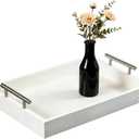 Serving Tray 16.5X 13 Deluxe Wooden Ottoman Food Tray for Eating, Dinner Trays for Eating on Couch Tray,Coffee Table with Polished Silver Metal Handles-4 Round Coasters Included, White