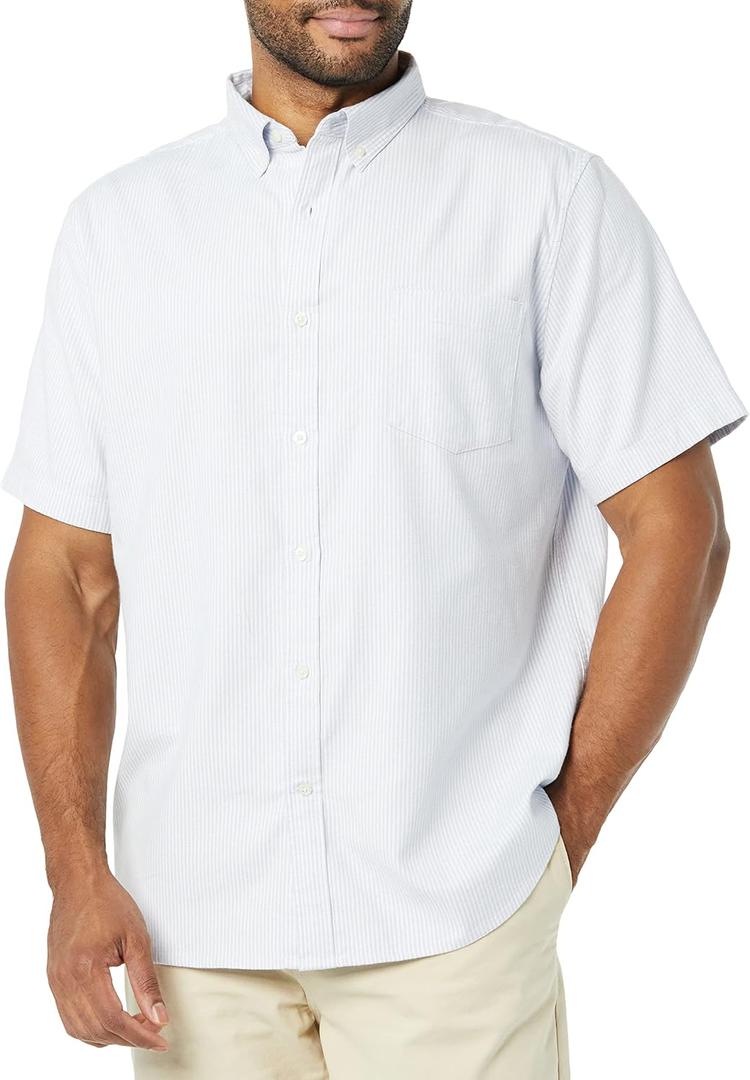 Amazon Essentials Men's Slim-Fit Short Sleeve Stretch Oxford Shirt with Pocket (Medium, Powder Blue Vertical Stripe)