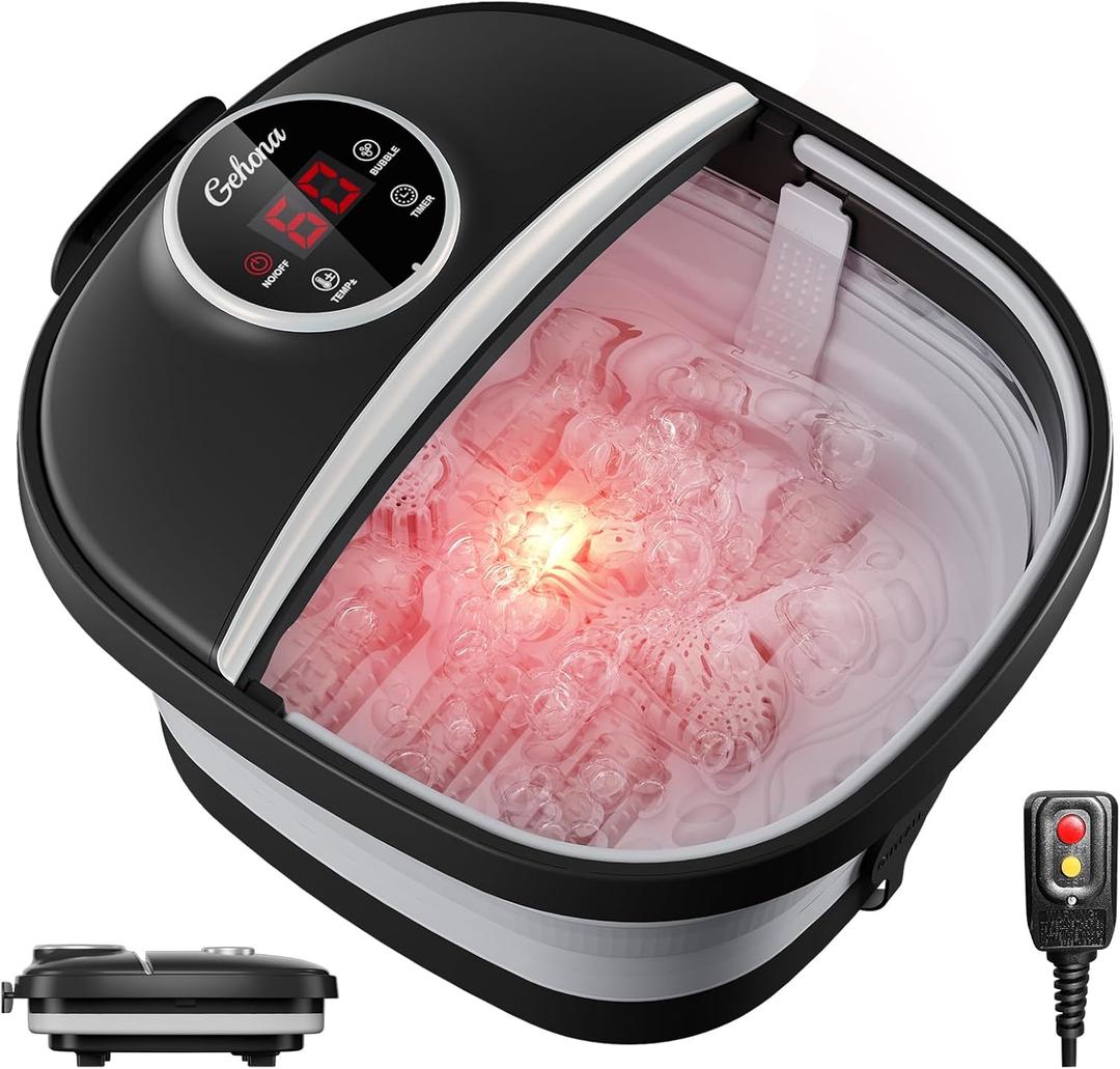 GEHONA Collapsible Foot Spa Bath with Heat,Foot Massager with Two Side Supports,Leakage Protector,Temperature Control,Bubbles,Red Light,Timer,Gifts