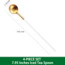 2 x 7.95 Inches Satin Gold Stainless Steel 18/10 Iced Tea Spoons With White Handle,Set Of 4 Ice Teaspoons,Long Handle Coffee Stirring Spoons,Sundae Spoon For Mixing