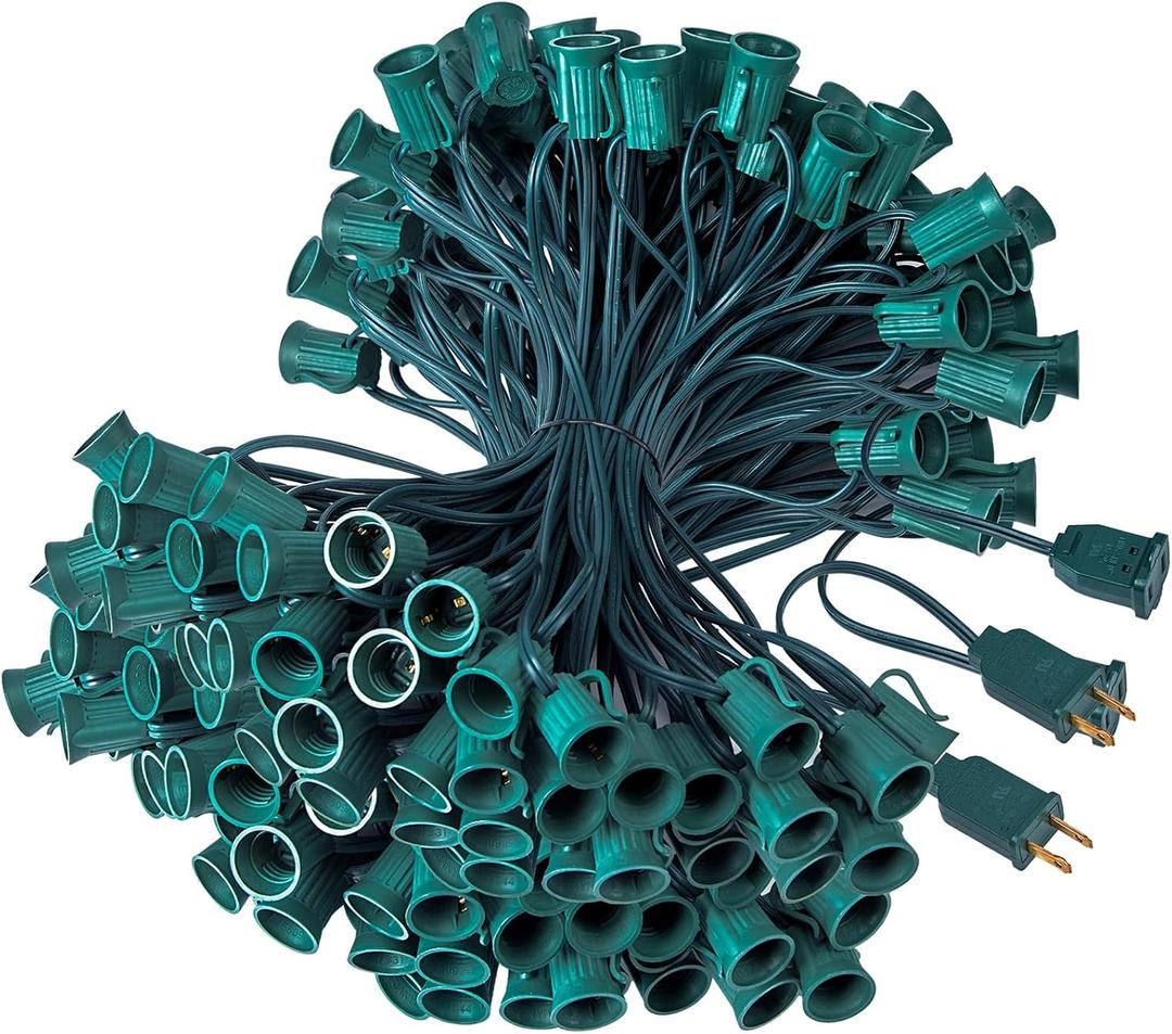 (2 Pack) C9 Light Strand, 100 FT Christmas Stringer with 100 Sockets for Outdoor String Light, Connectable, Intermediate Base (C9/E17) - 12" Spacing, Green Wire, NOTE (ONLY Use for C9 LED Bulb)