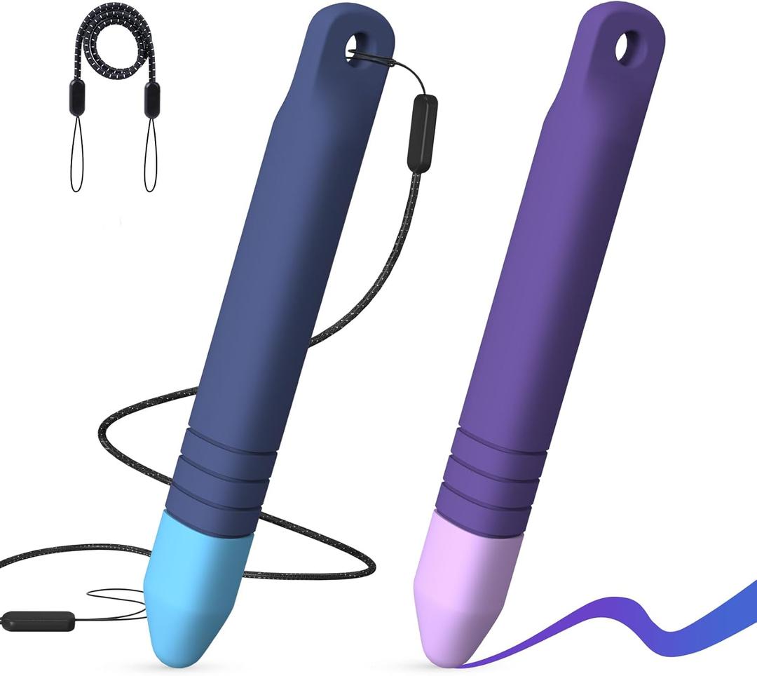 Kid-Friendly Stylus Pens for Touch Screens with Tethers - Mixoo Anti-Rolling Tablet Stylus 2 Pack for Kids, Compatible with iPad, iPhone, Tablets, Kindle and All Touch Screen Devices (Blue+Purple)