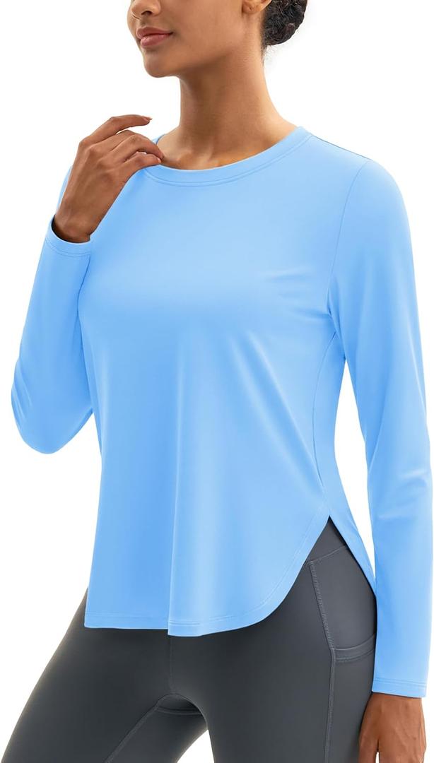 MAGCOMSEN Women's Sun Shirts UPF 80+ Long Sleeve Quick Dry Workout Tops | Moisture-wicking, Sun Protection, UV Protection, High Side Splits, Soft, Lightweight, Athletic, Running, Hiking, Yoga, Golf (Blue, XL)