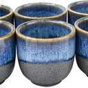 Japanese Saki Set Ceramic Sake Cups Blue and Gray Glaze Set of 6