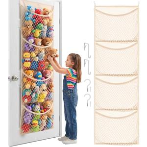 Over The Door Stuffed Animal Storage, Cotton Toy Organizer for Storage Plush Toys,Baby Supplies, Stuffed Animal Holder with 4 Large Pockets, Hanging Door Organizer for Nursery, Bedroom, Kids Room (Normal, Beige)