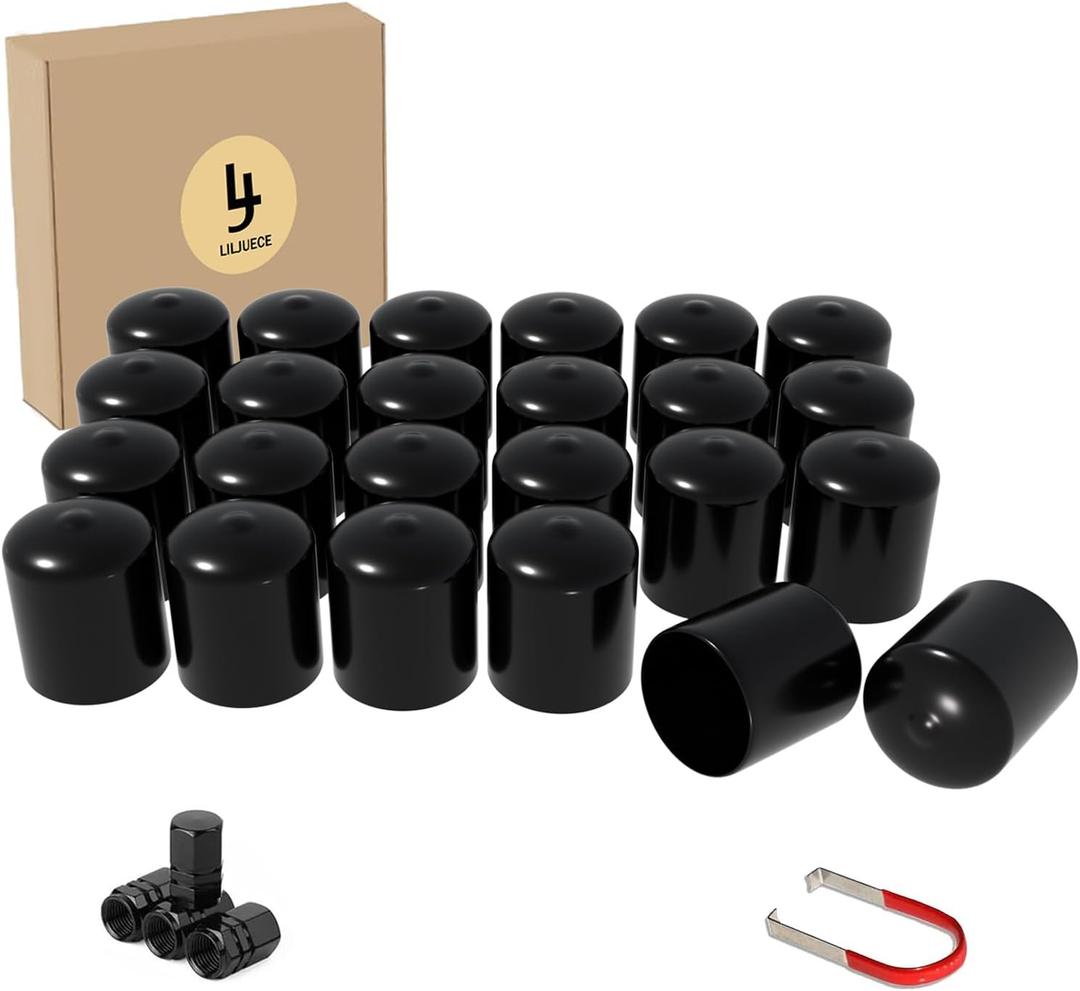 Lug Nut Covers- 24PCS 21-23mm Inner Flexible Fit Anti-Skid Treatment Wheel Lug Nut Cap with Removal Clip and 4 Tire Valve Stem Caps (Black)