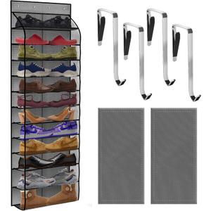 PAULONE 12 Pocket Over the Door Shoe Organizer,Reusable Breathable Large Mesh Bag Men's & Women's Sneaker Organizer,Shoe Organizer for Kids,Hanging Shoe Storage Hanging Bag (Grey)