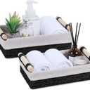 Wicker Storage Basket with Wooden Handle Paper Rope Decorative Toilet Paper Baskets & Bathroom Organizer for Toilet Tank Top, Shelves, Bedroom, Countertop,Home,Office Storage Bins, 2 Pack,Black