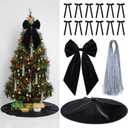 Gejoy Velvet Christmas Ornaments Set-12 Velvet Bows, 1 Christmas Tree Skirt, 1 Large Tree Topper Bow, 5000 Strands Silver Tinsel Icicles for Xmas Trees Wreaths Fireplace Gifts Decor(Black)