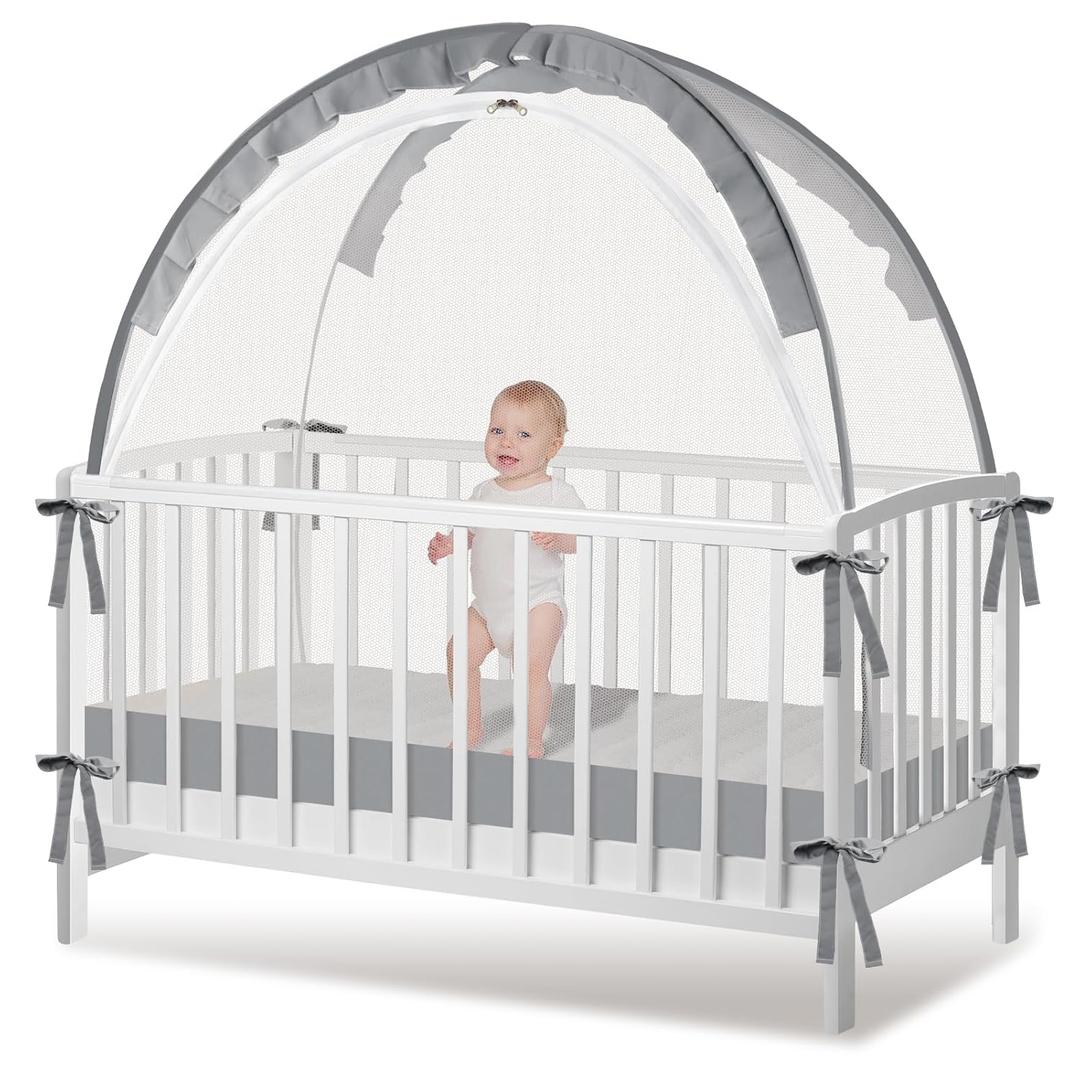 Crib Tent - Crib Net to Keep Baby in, Stop Baby from Climbing Out of Crib, Pop Up Crib Tent with Durable Breathable Net Double Zipper Strong Rods Installation Convenience (Large, Gray)