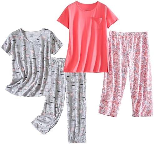 PNAEONG 1 Pack Women's Cotton Pajama Sets Short Sleeve Sleepwear Tops with Capri Pants Summer Loungewear Pj Sets XXL Pink