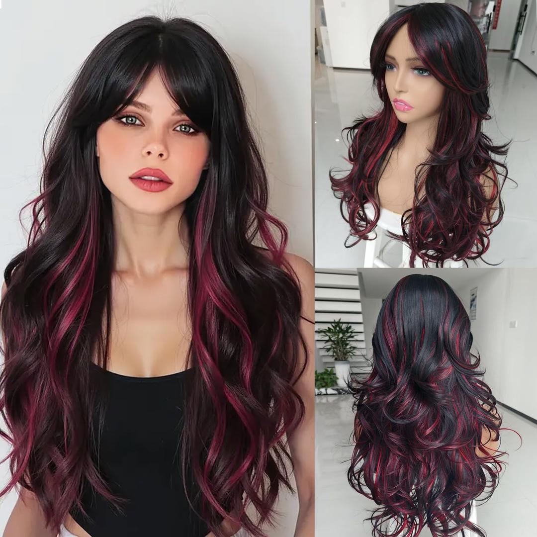 Red Highlight Wig Long Black Mixd Burgundy Highlights Layered Wavy Wig with Curtain Bangs for White Black Women Long Ombre Red Wavy Wigs Synthetic Natural Body Wave Butterfly Hair for Women 24INCH