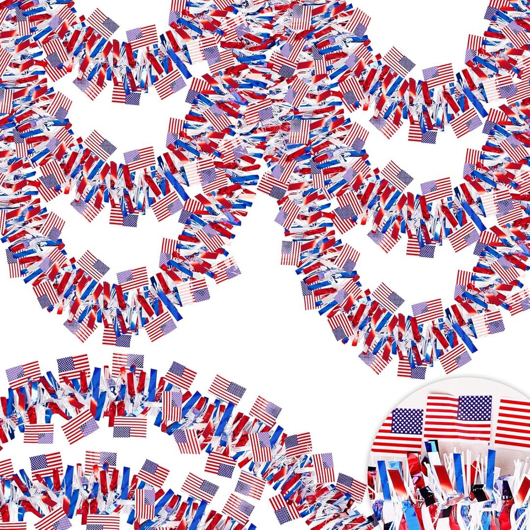 50FT 4th of July Patriotic Tinsel Garland Decorations, Red White and Blue Tinsel with Flag Metallic Glitter Hanging Garland for Memorial Day 4th of July Independence Day Indoor Outdoor Decor