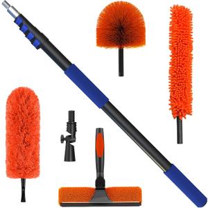 26 Foot High Reach Duster Kit with 5-19 ft Telescoping Extension Pole, High Ceiling Duster, Cobweb Duster, Window Squeegee, Feather Duster, Outdoor & Indoor Extendable Duster Cleaning Kit